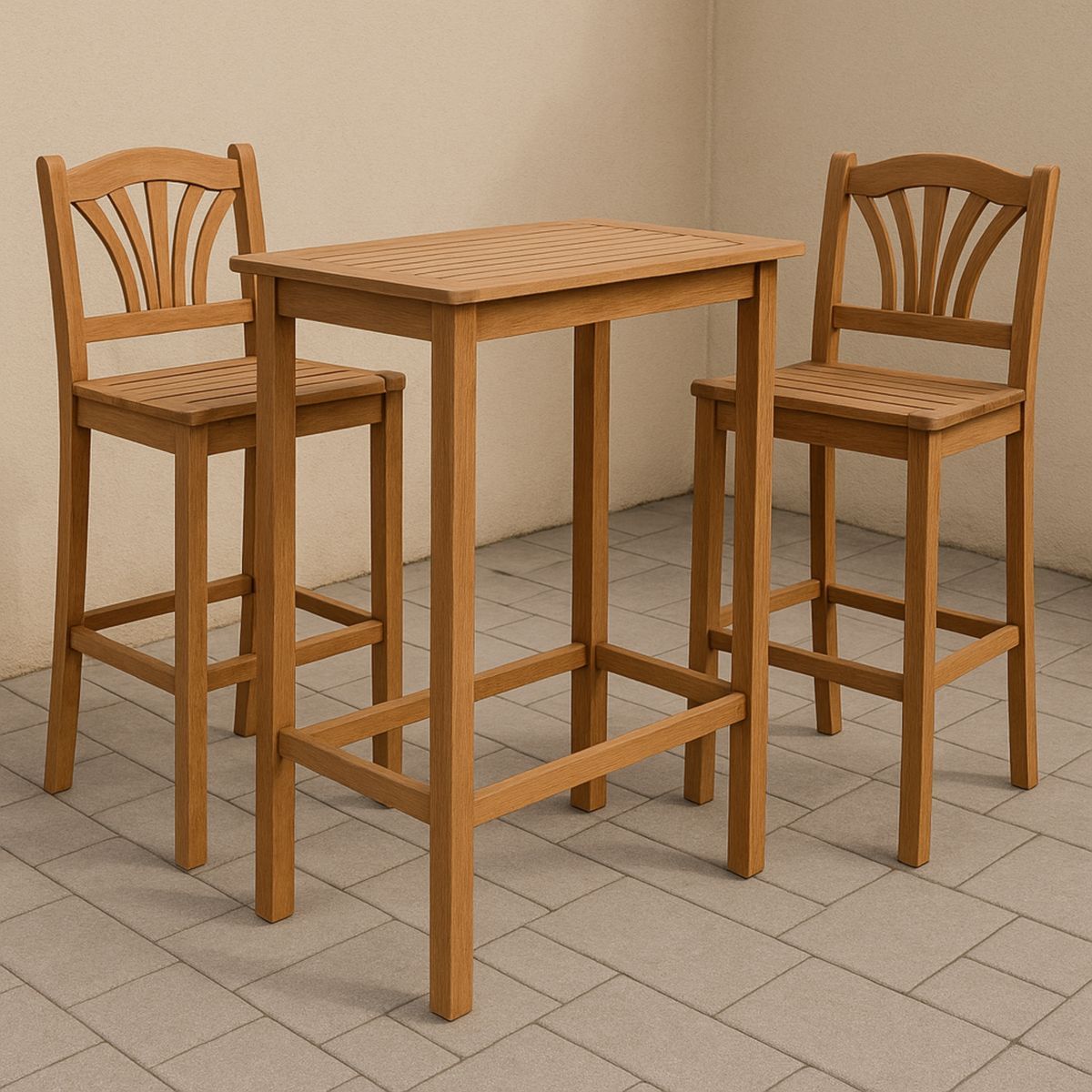 Utendørs barsett i eiketre, 2 stoler og 1 bord