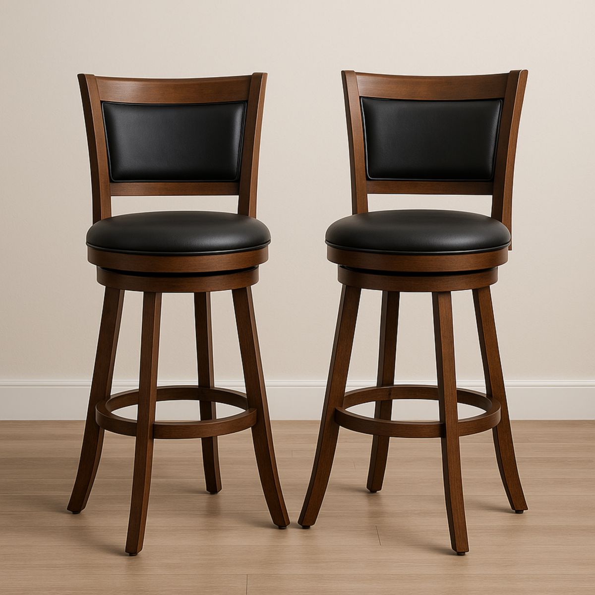 Roterende barstoler i tre med svart sete 75 cm