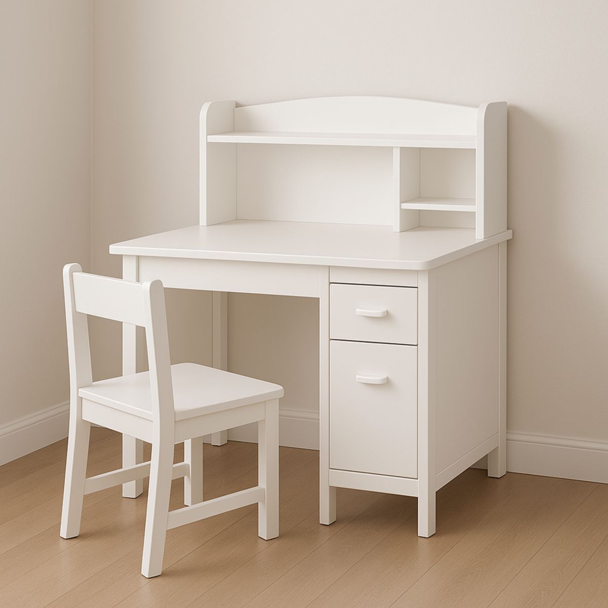 Skrivebord med stol tre hvit 100x50x75 cm med hyller og 2 skuffer