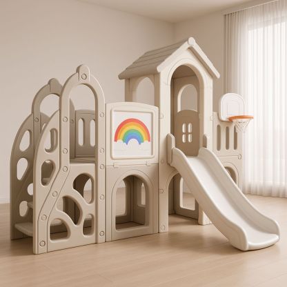 Barn Lekeplass Polyetylen Plast Struktur med Regnbue Motiv og Skli Beige 258x150x120 cm