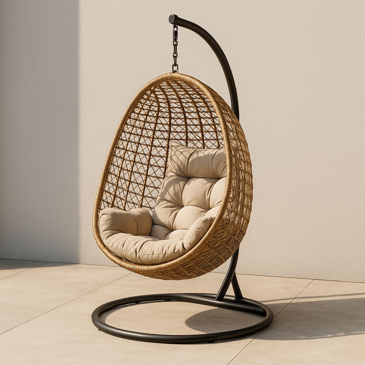 Hengestol i rotting og stål med pute, beige