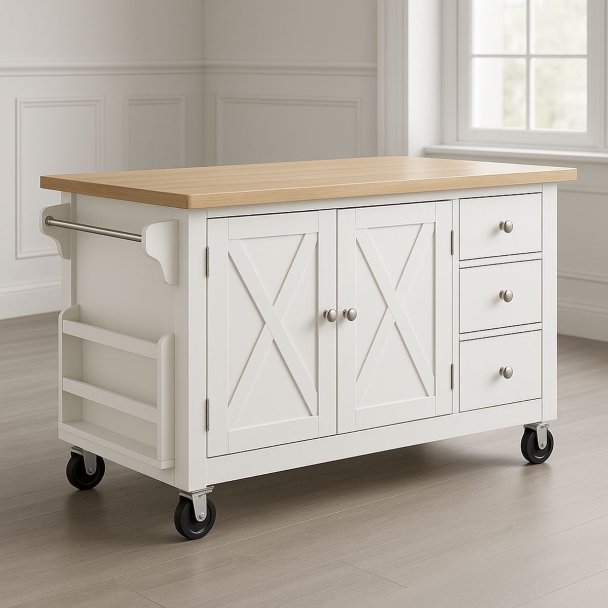 Kjøkkenøy med hvitt tre, bjørketopp og hjul 120 cm x 60 cm x 90 cm