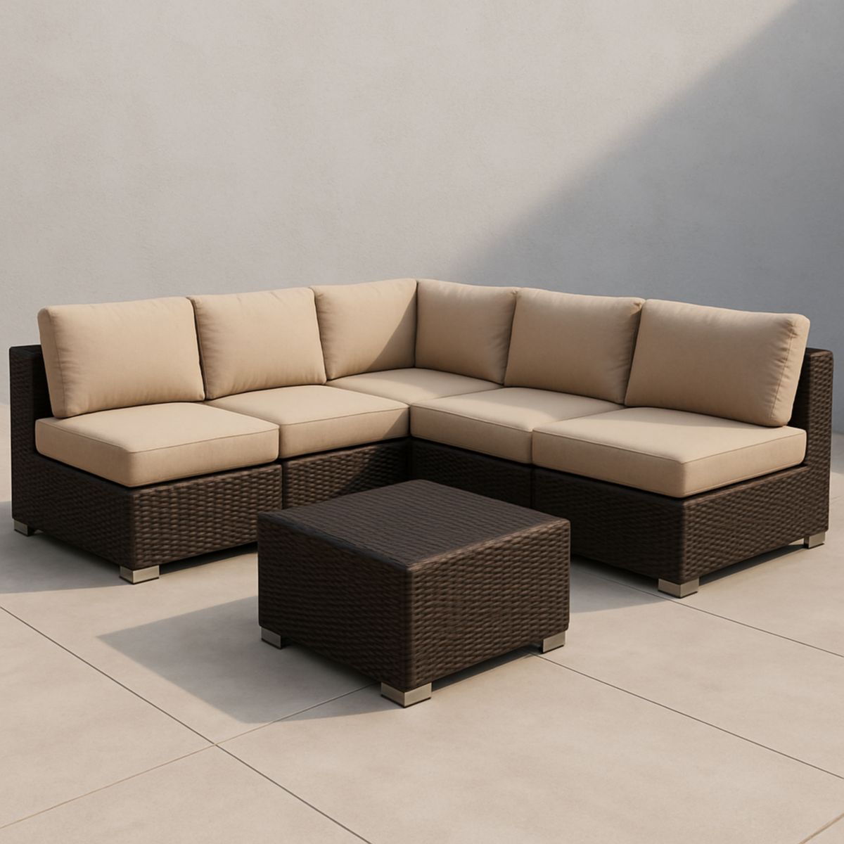 Hjørnesofa utendørs i PE-rotting med polyesterputer, beige/mørk brun