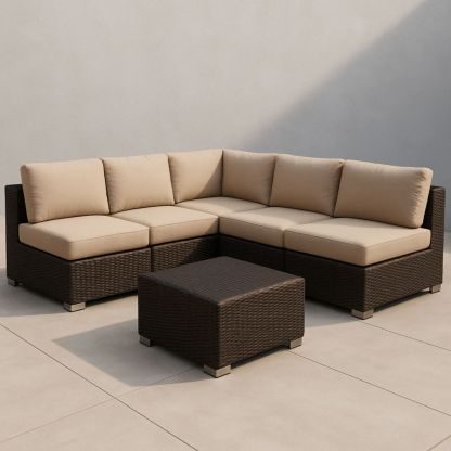 Hjørnesofa utendørs i PE-rotting med polyesterputer, beige/mørk brun