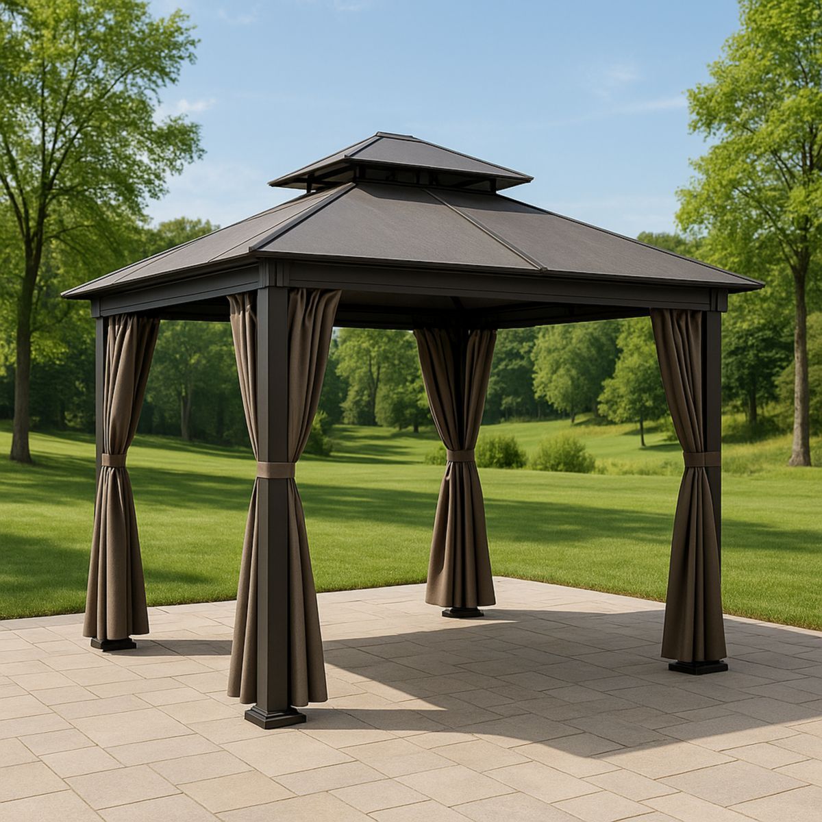 Hagepaviljong med gardiner Mørkegrå 300 cm x 400 cm Aluminium/Polyester