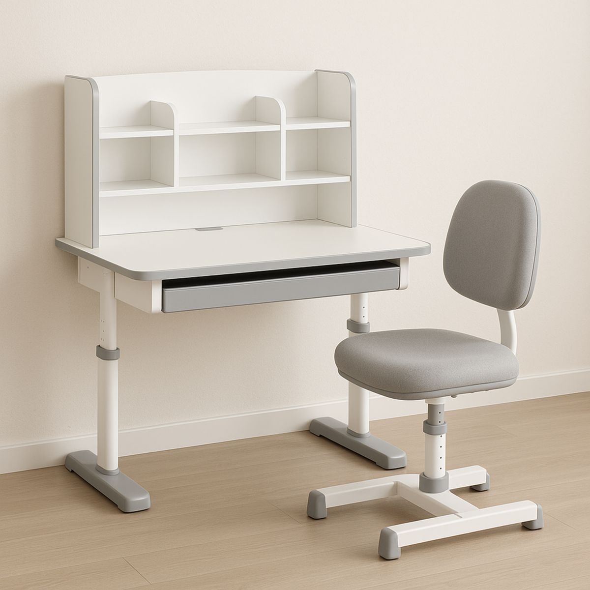 Justerbart skrivebordsett med hylle og stol i MDF/hvit/grå