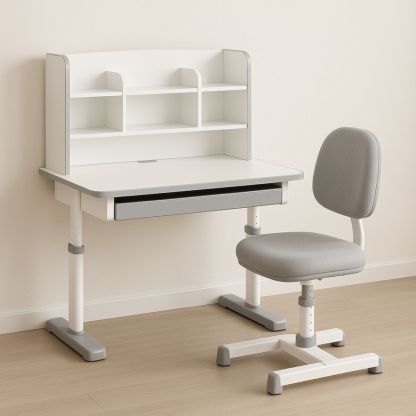 Justerbart skrivebordsett med hylle og stol i MDF/hvit/grå