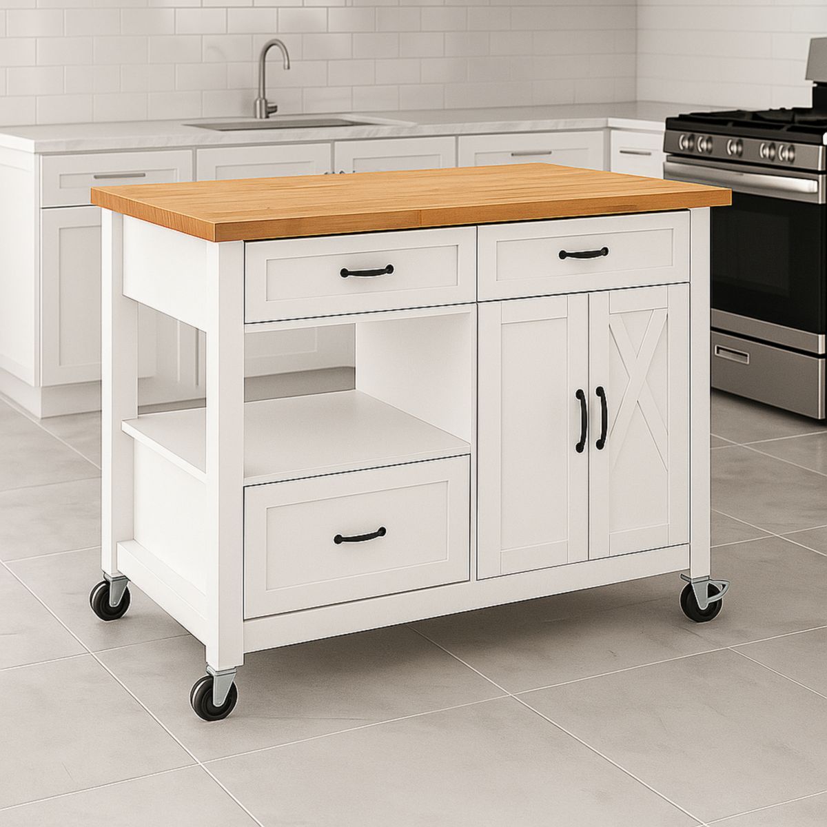 Kjøkkenøy med oppbevaring hvit MDF med massiv tre topp 120x60x92 cm