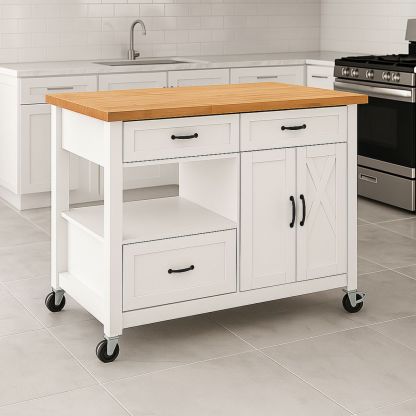 Kjøkkenøy med oppbevaring hvit MDF med massiv tre topp 120x60x92 cm
