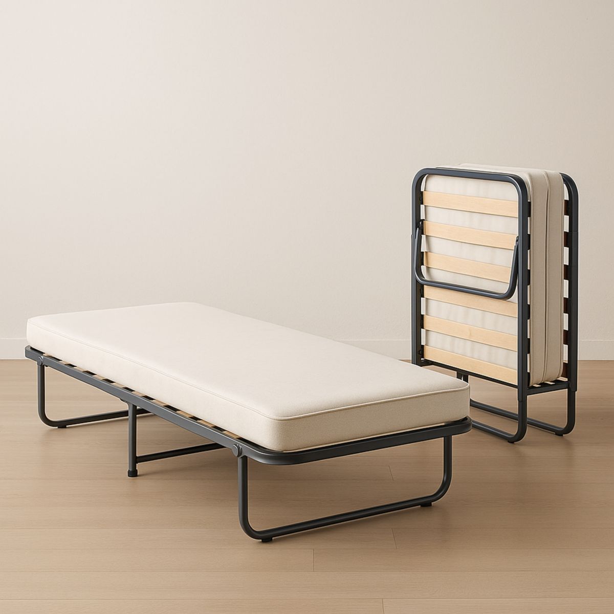 Sammenleggbar enkeltseng metallramme med trelameller 190 cm x 80 cm polyester beige