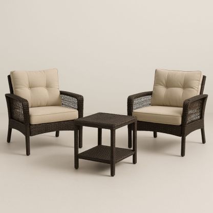 Sett med to stoler og kvadratisk bord i polyrotting med puter, brun/beige