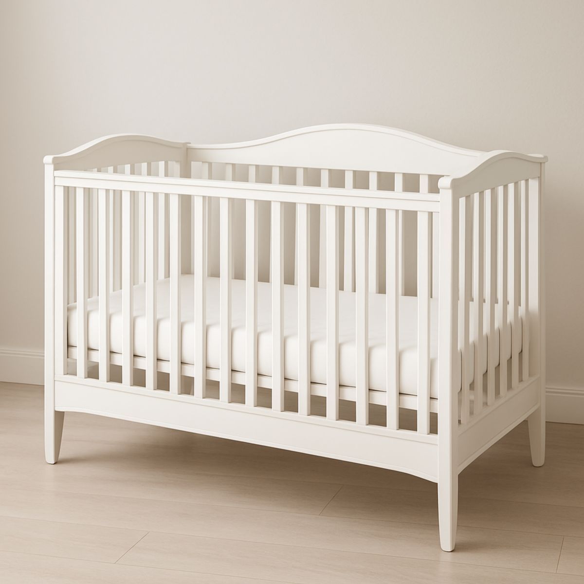 Hvit barneseng i tre med justerbar høyde 120x60 cm EN 716