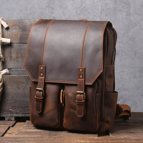 brown women's distressed leather laptop backpack with adjustable strap