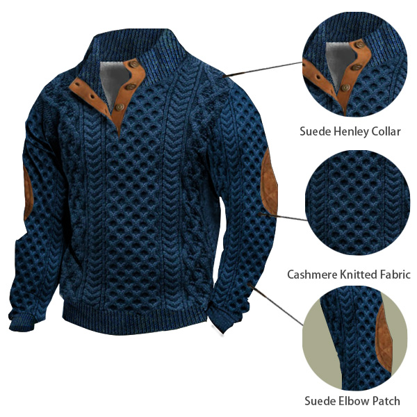 Men's Casual Retro Cashmere Stand Collar Button Sweatshirt Suede Elbow Patch Top