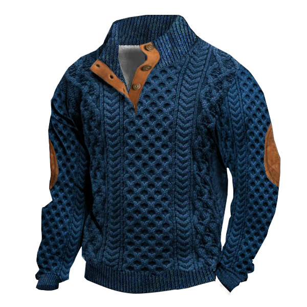 Men's Casual Retro Cashmere Stand Collar Button Sweatshirt Suede Elbow Patch Top