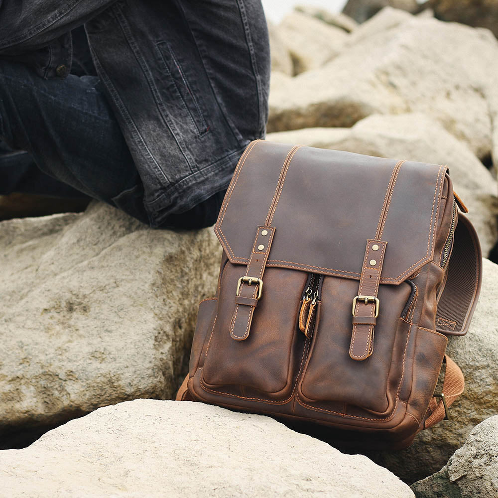brown leather rucksack