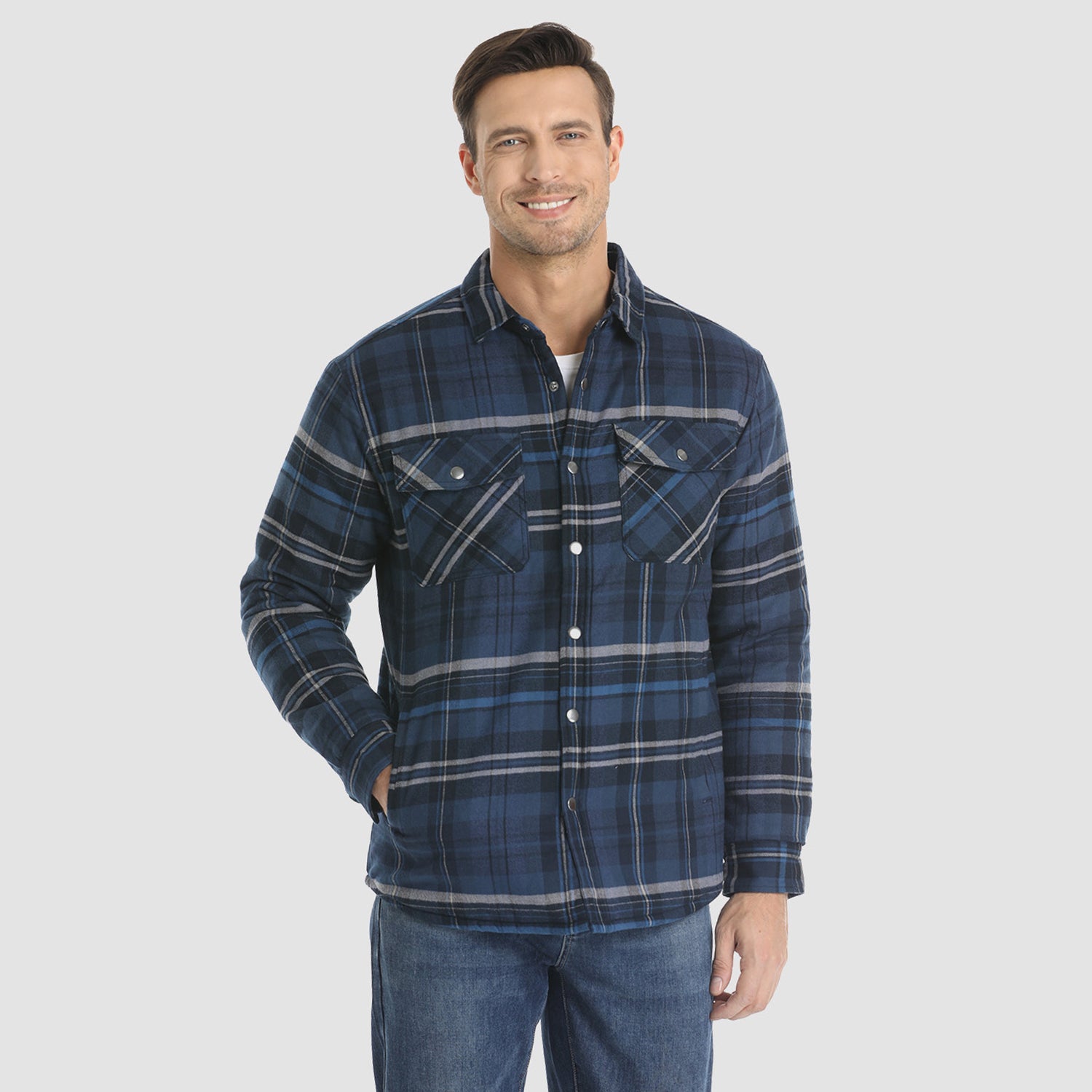 Men's Winter Padded Jacket - Warm Quilted Flannel Shirt Jacket with 5 Pockets for Outdoor and Casual Use