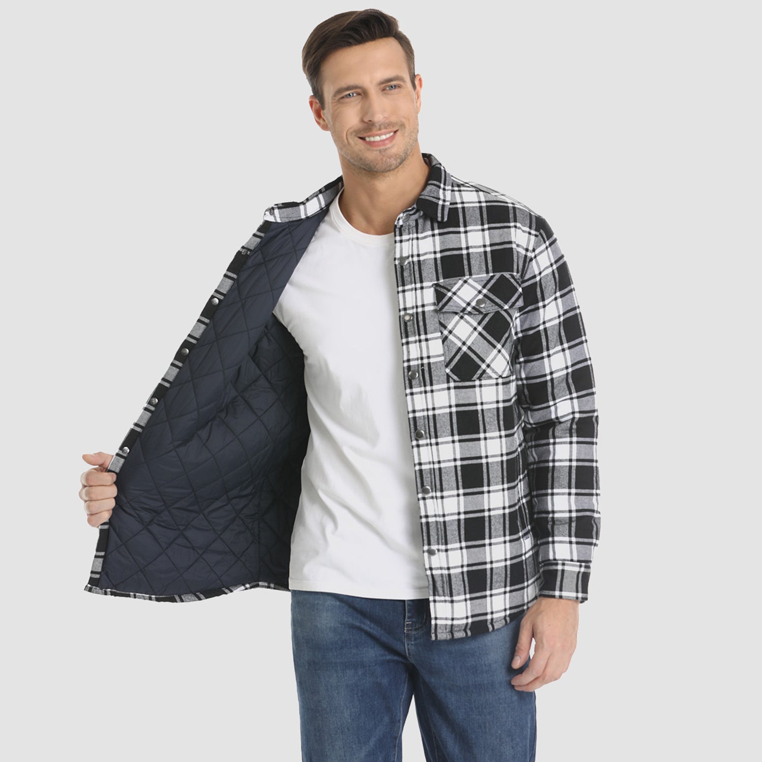 Men's Winter Padded Jacket - Warm Quilted Flannel Shirt Jacket with 5 Pockets for Outdoor and Casual Use