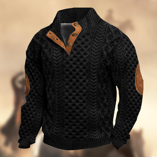 Men's Casual Retro Cashmere Stand Collar Button Sweatshirt Suede Elbow Patch Top