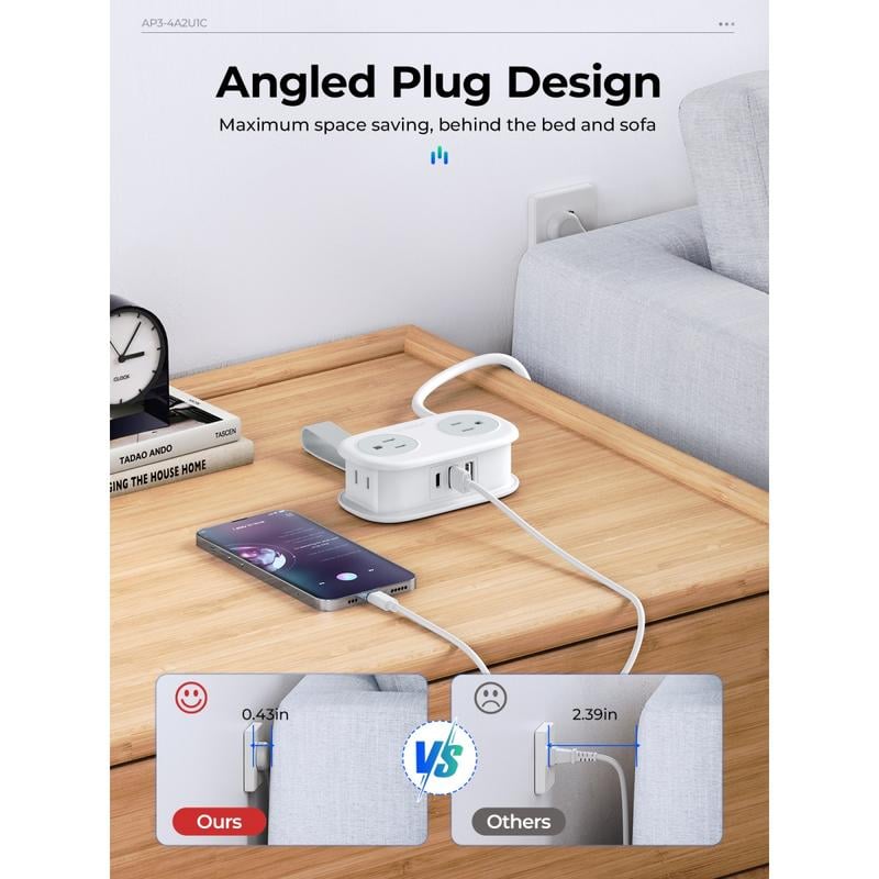 Travel Power Strip, 4 Outlets 2 USB Ports (1 USB C) with 4FT Wrapped Short Extension Cord Small Power Strip
