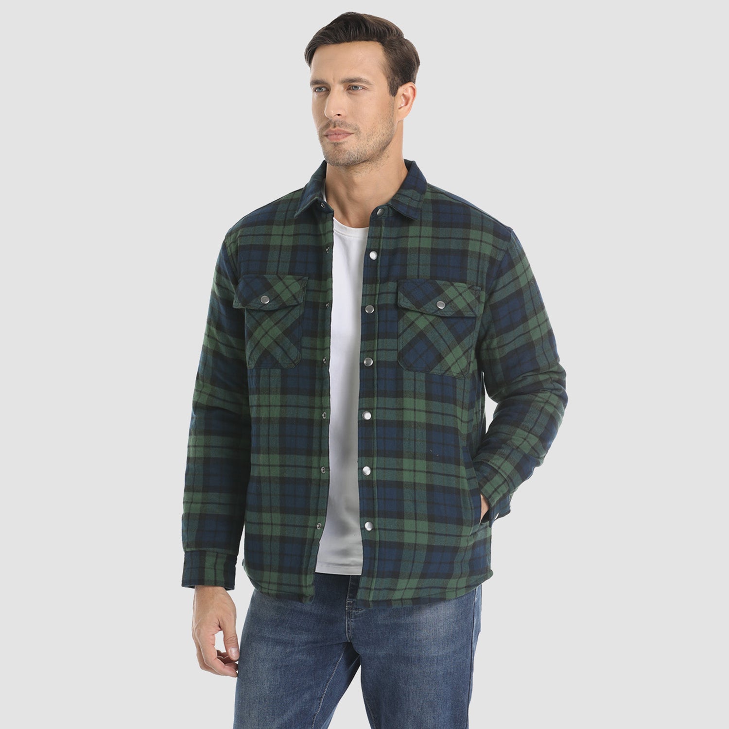 Men's Winter Padded Jacket - Warm Quilted Flannel Shirt Jacket with 5 Pockets for Outdoor and Casual Use