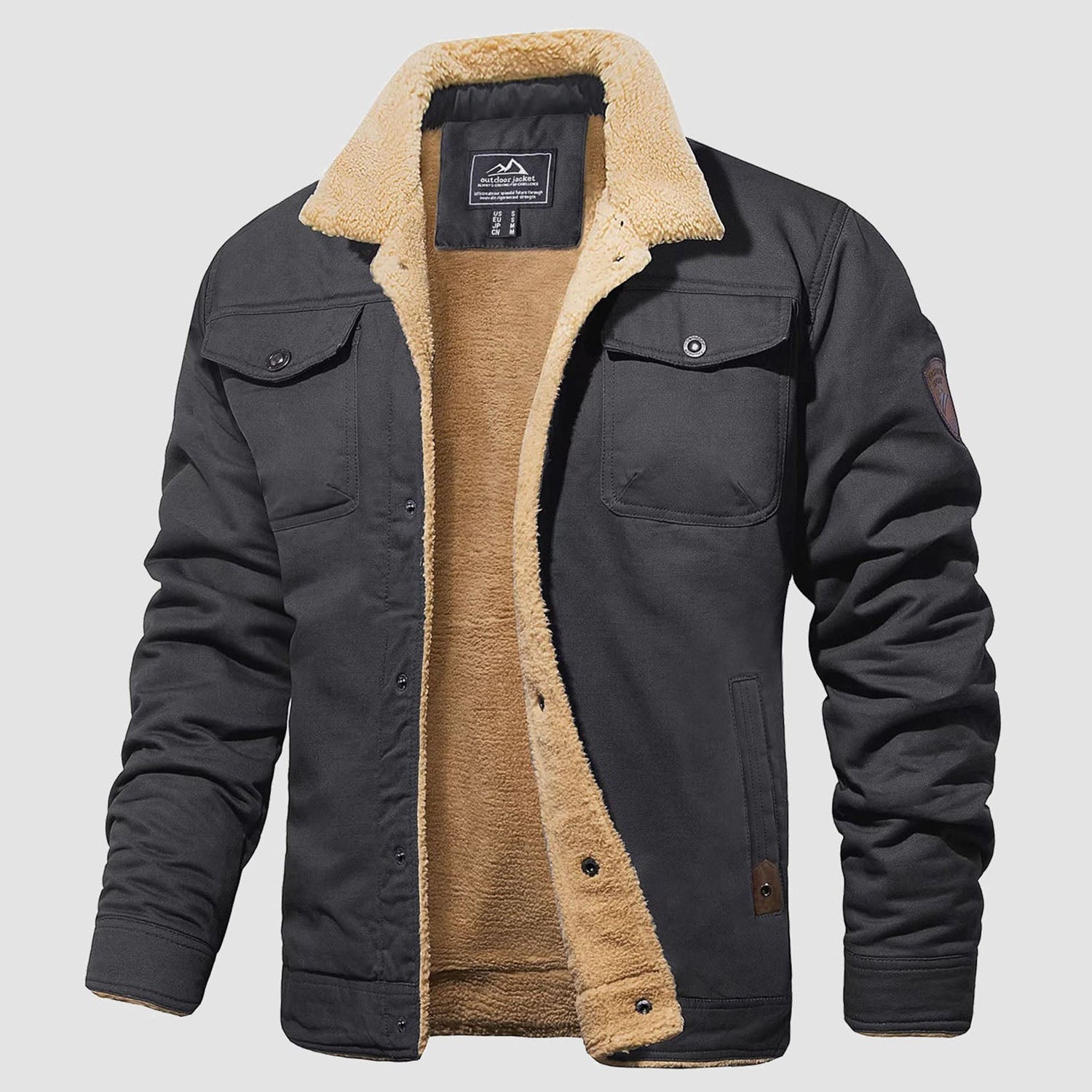 Men's Lined Sherpa Jacket - Warm Multi Pocket Trucker Coat
