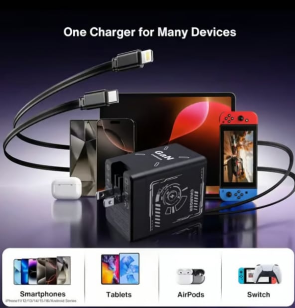 2-in-1 GaN PD3.0  Charger with Retractable Cables(Plug specifications: US standard plug)