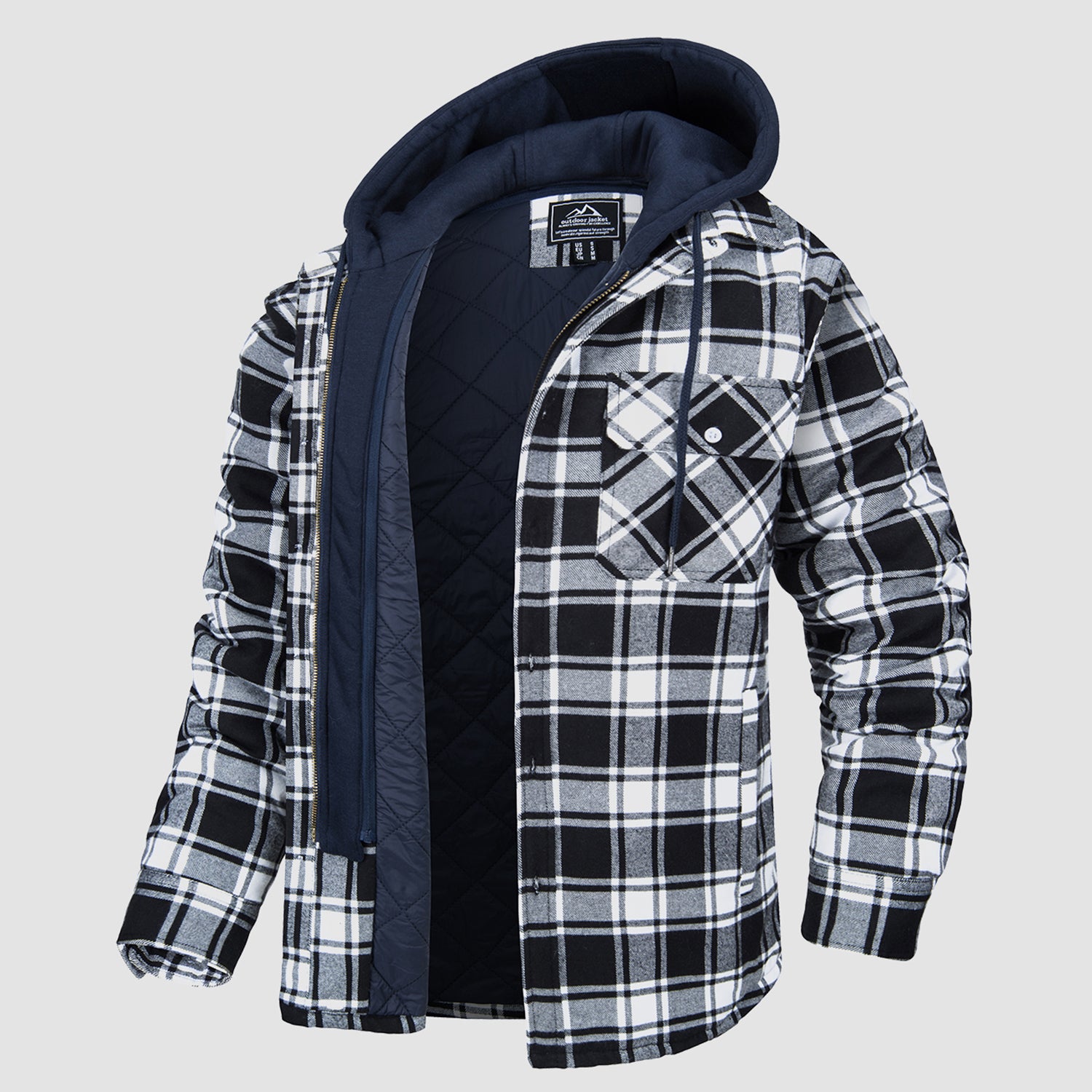 Men's Flannel Jacket with Removable Hood 5 Pockets Quilted Plaid Shirt Jackets Winter Coats Thick Flannel Hoodie