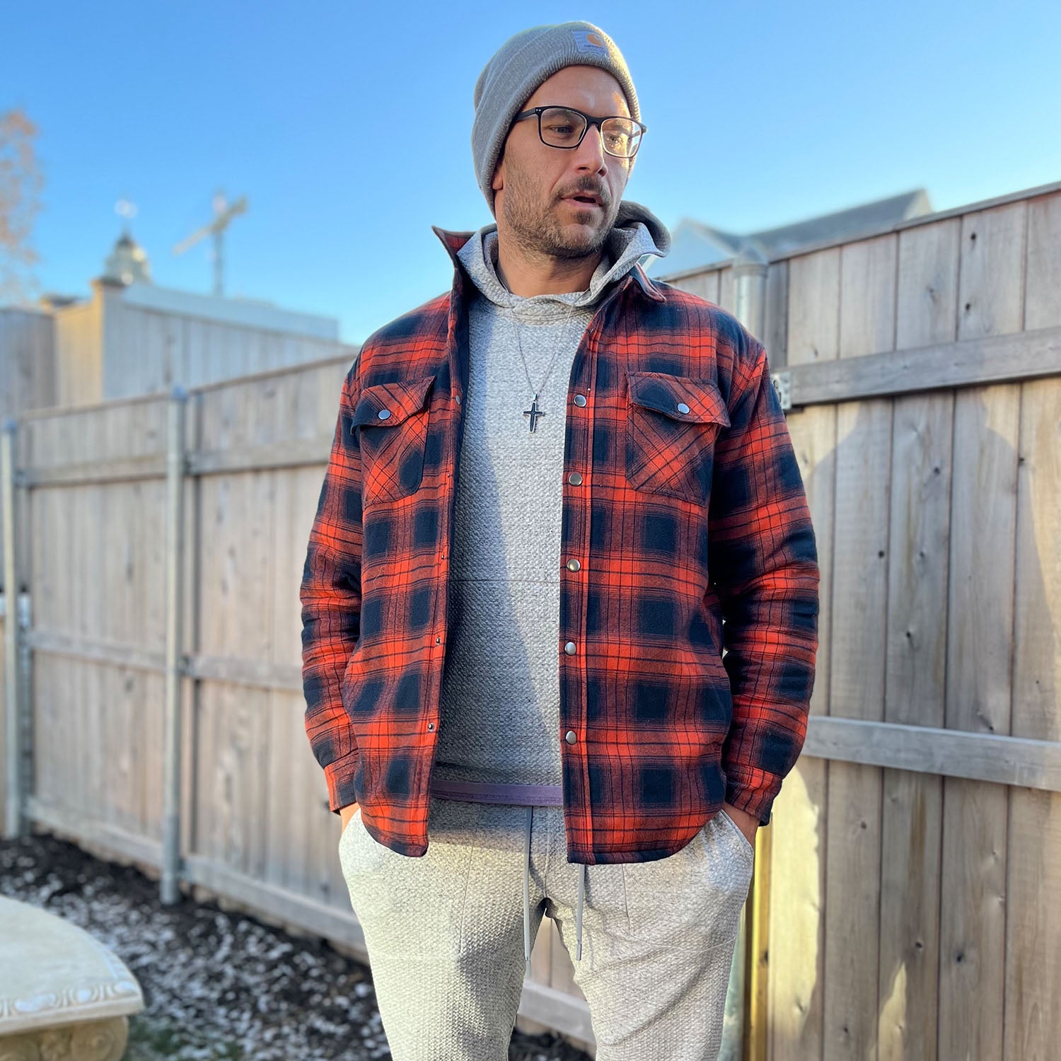 Men's Winter Padded Jacket - Warm Quilted Flannel Shirt Jacket with 5 Pockets for Outdoor and Casual Use