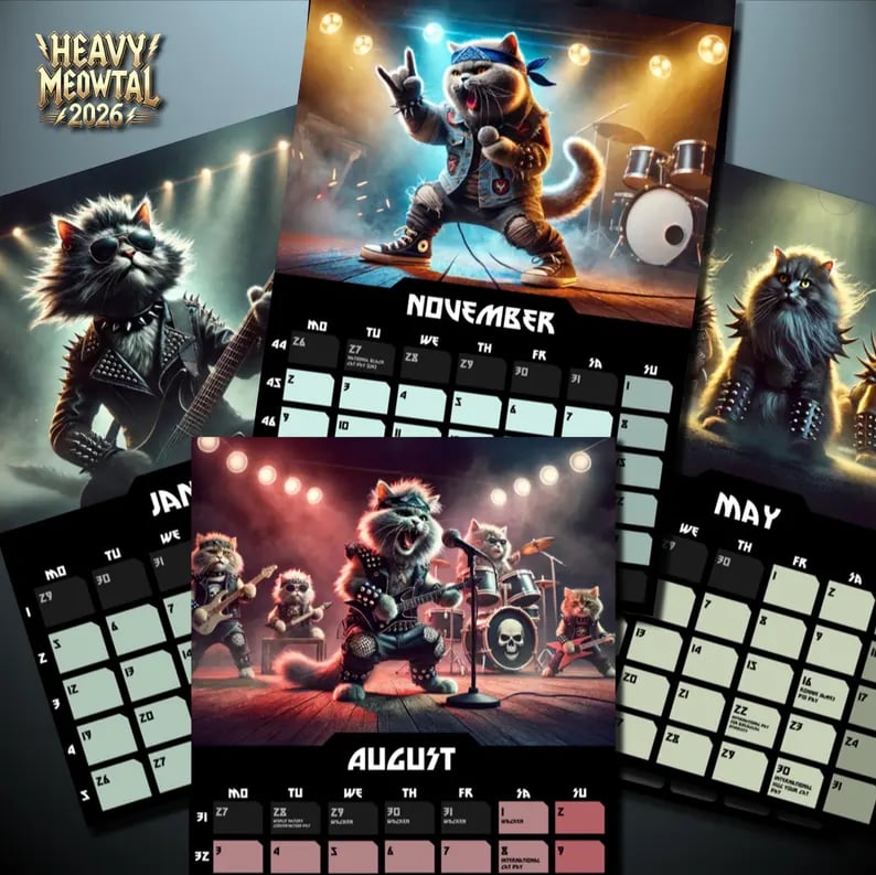 🤘🐱Heavy Meowtal 2026 Calendar: Metal Cat Art