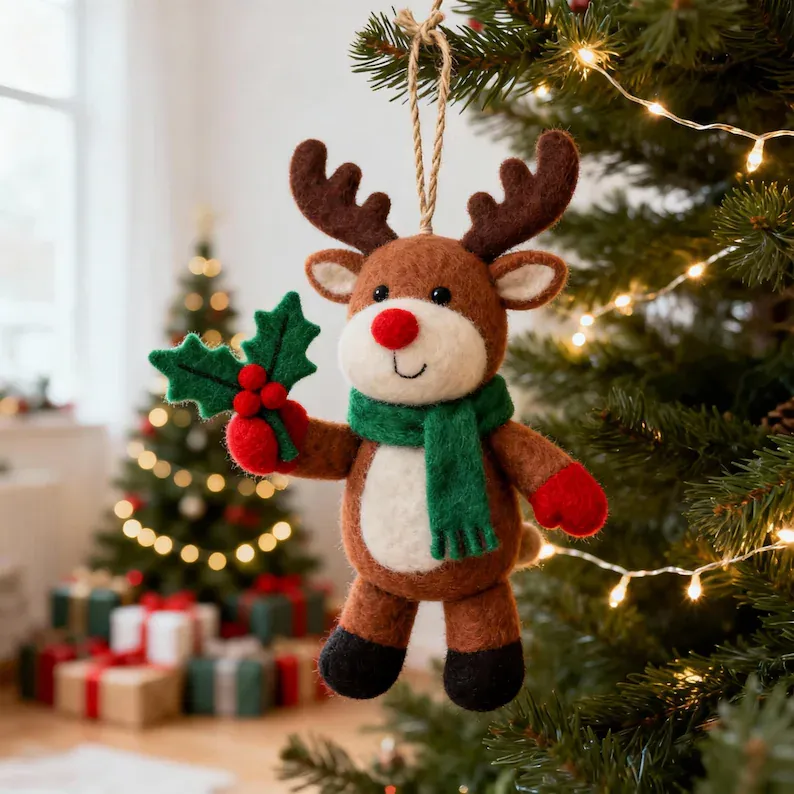 🦌 Handmade Felt Wool Reindeer Ornament —🎁Eco-Friendly & Heartwarming Holiday Decor✨ 
