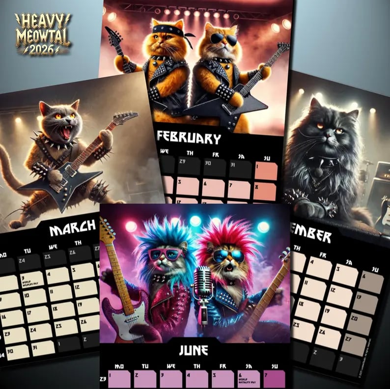 🤘🐱Heavy Meowtal 2026 Calendar: Metal Cat Art