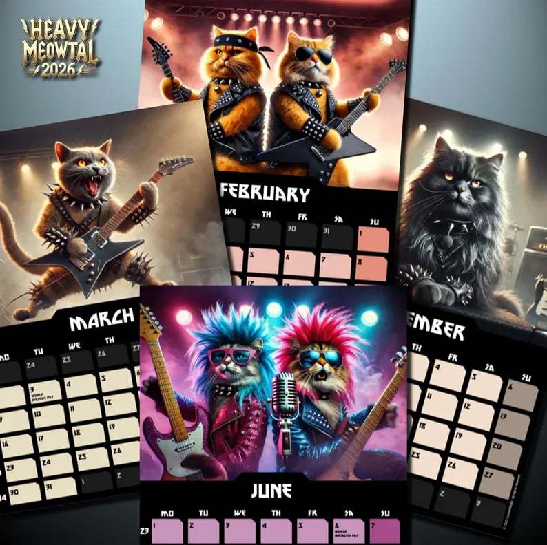 🤘🐱Heavy Meowtal 2026 Calendar: Metal Cat Art