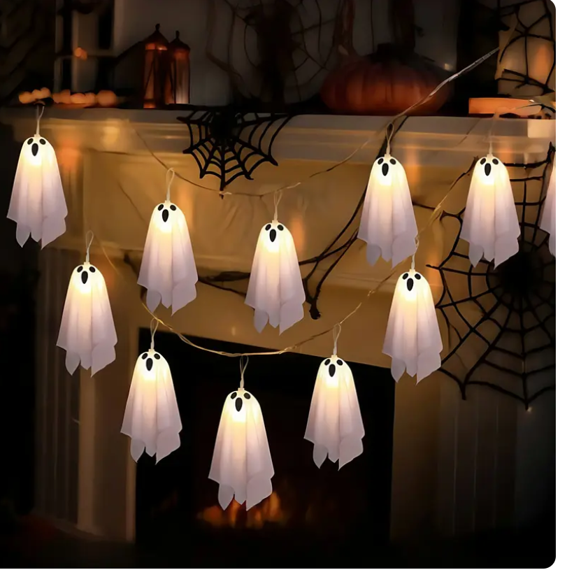 Halloween Ghost String Lights Set, 10 Hanging Ghosts & Ice Strip Lights, Battery Operated, 8 Lighting Modes