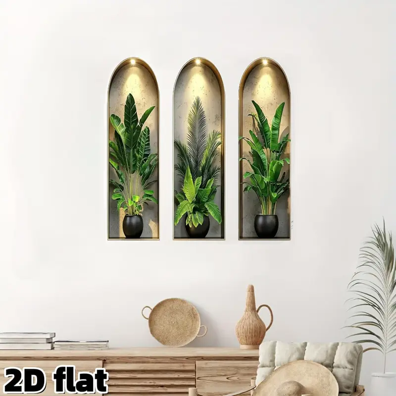 3-Piece Nordic Greenery Arch Window Flower Pot Wall Decals (2D Flat)