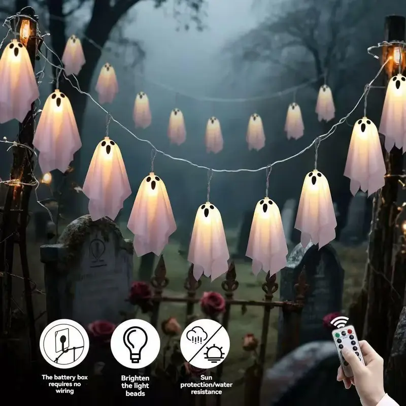 Halloween Ghost String Lights Set, 10 Hanging Ghosts & Ice Strip Lights, Battery Operated, 8 Lighting Modes