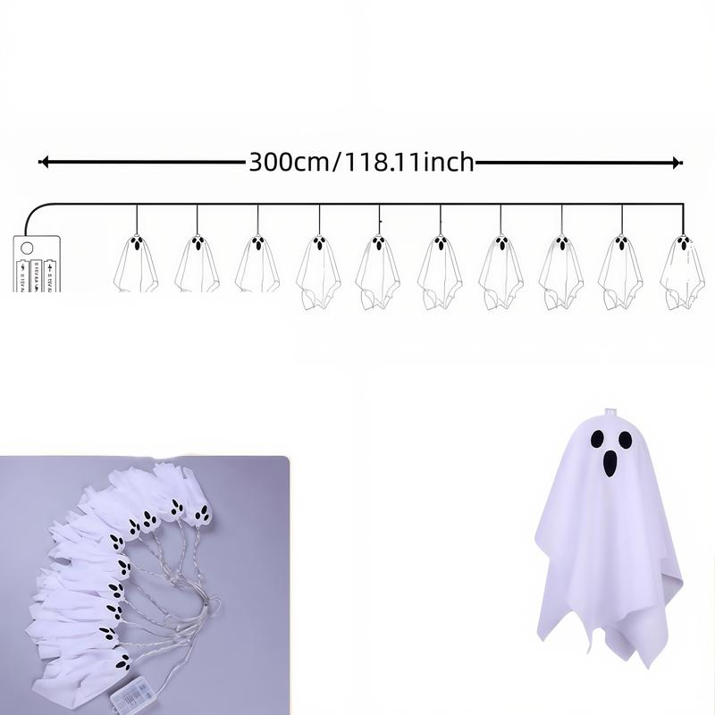Halloween Ghost String Lights Set, 10 Hanging Ghosts & Ice Strip Lights, Battery Operated, 8 Lighting Modes