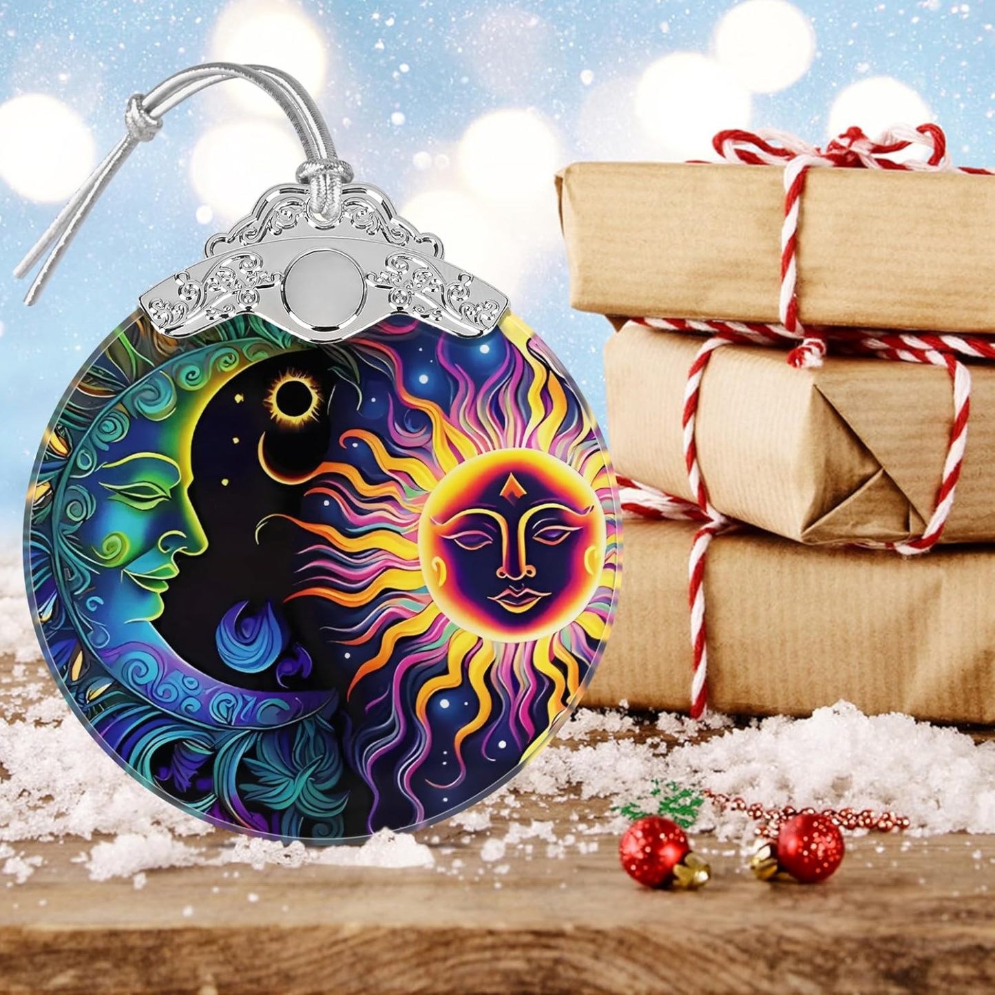 Sun Moon Stained Glass Hanging Ornament - Christmas Tree Decoration Idea