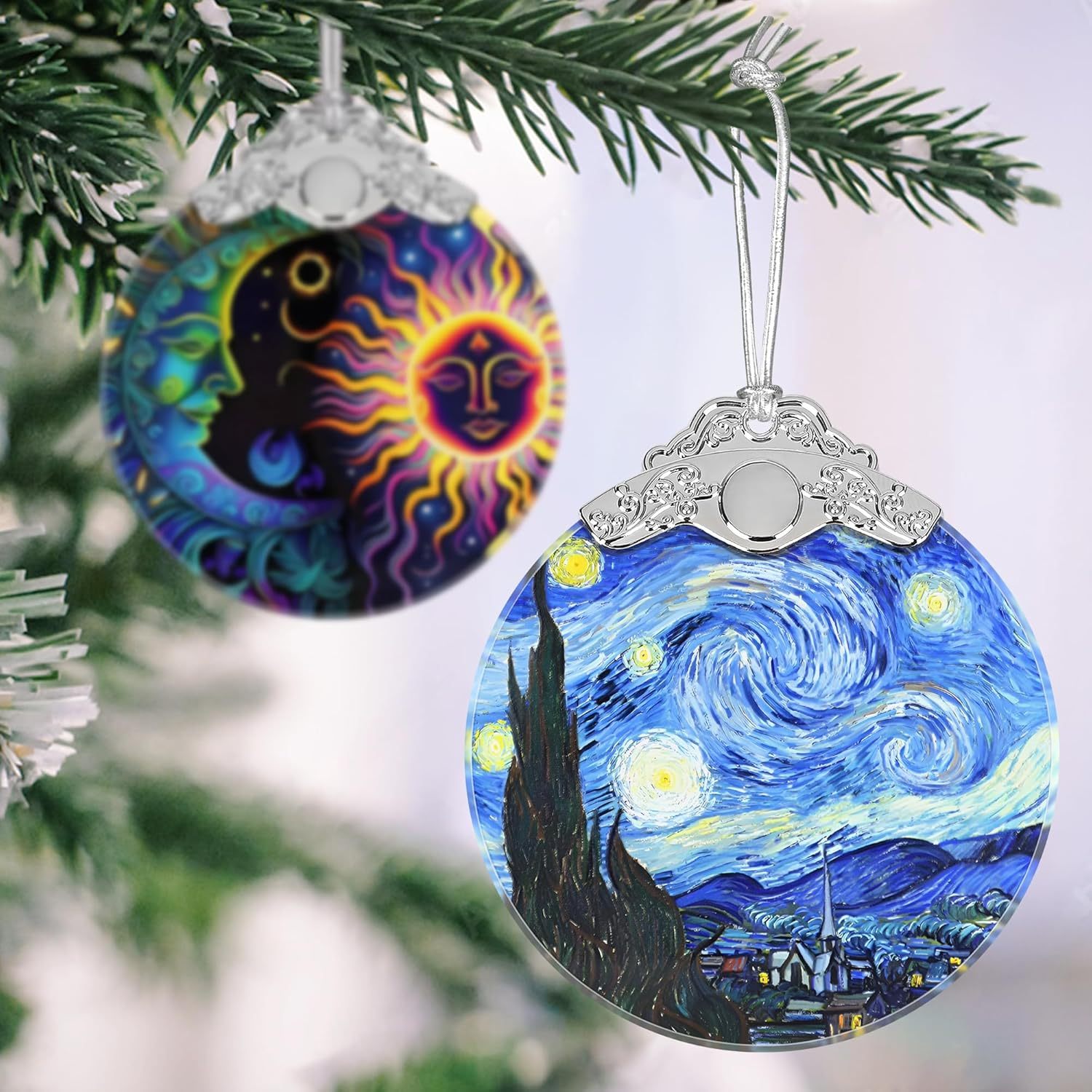 Sun Moon Stained Glass Hanging Ornament - Christmas Tree Decoration Idea