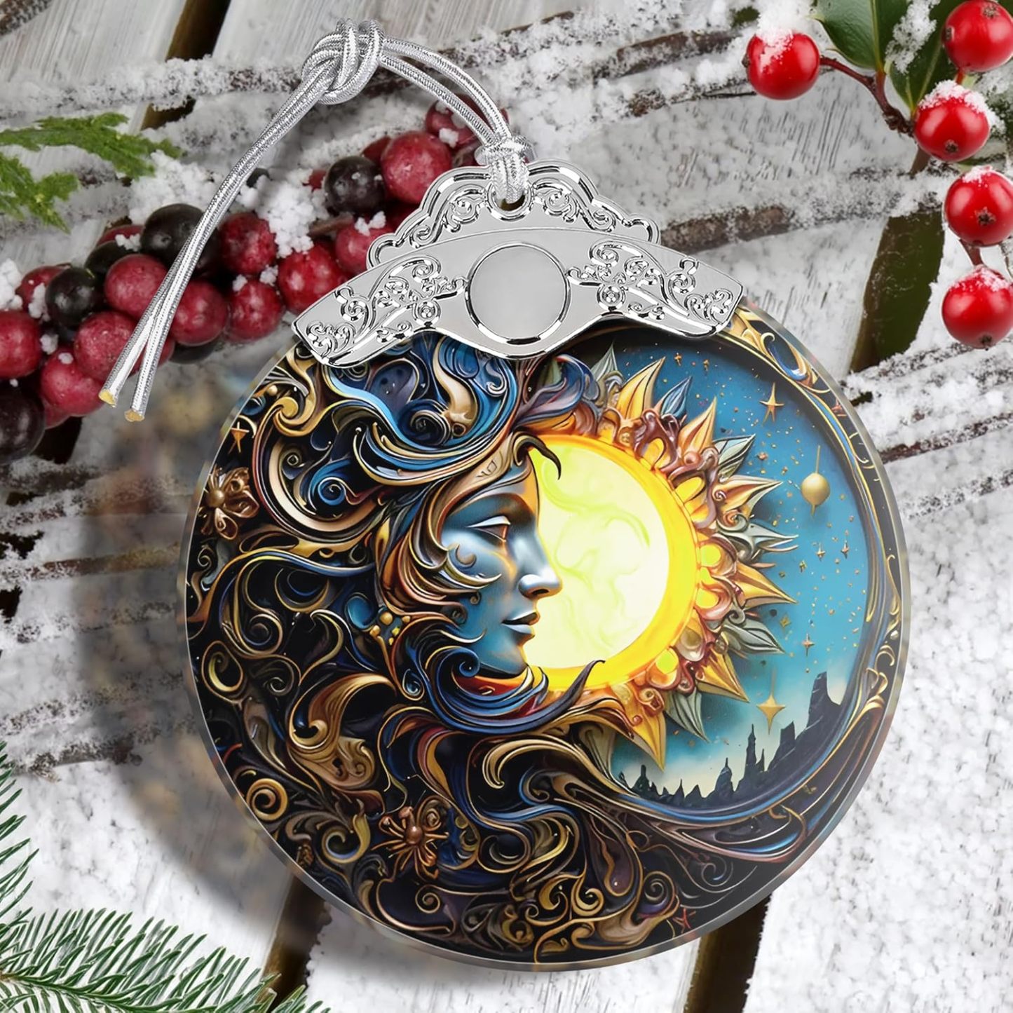 Sun Moon Stained Glass Hanging Ornament - Christmas Tree Decoration Idea