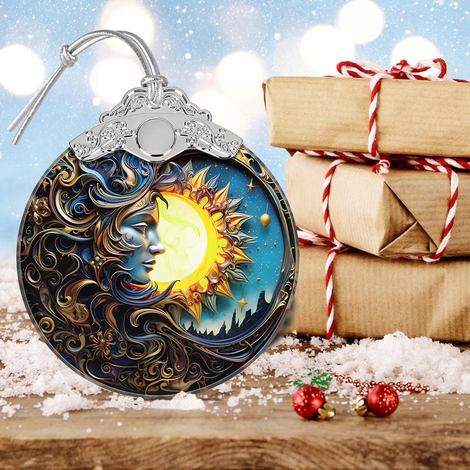 Sun Moon Stained Glass Hanging Ornament - Christmas Tree Decoration Idea
