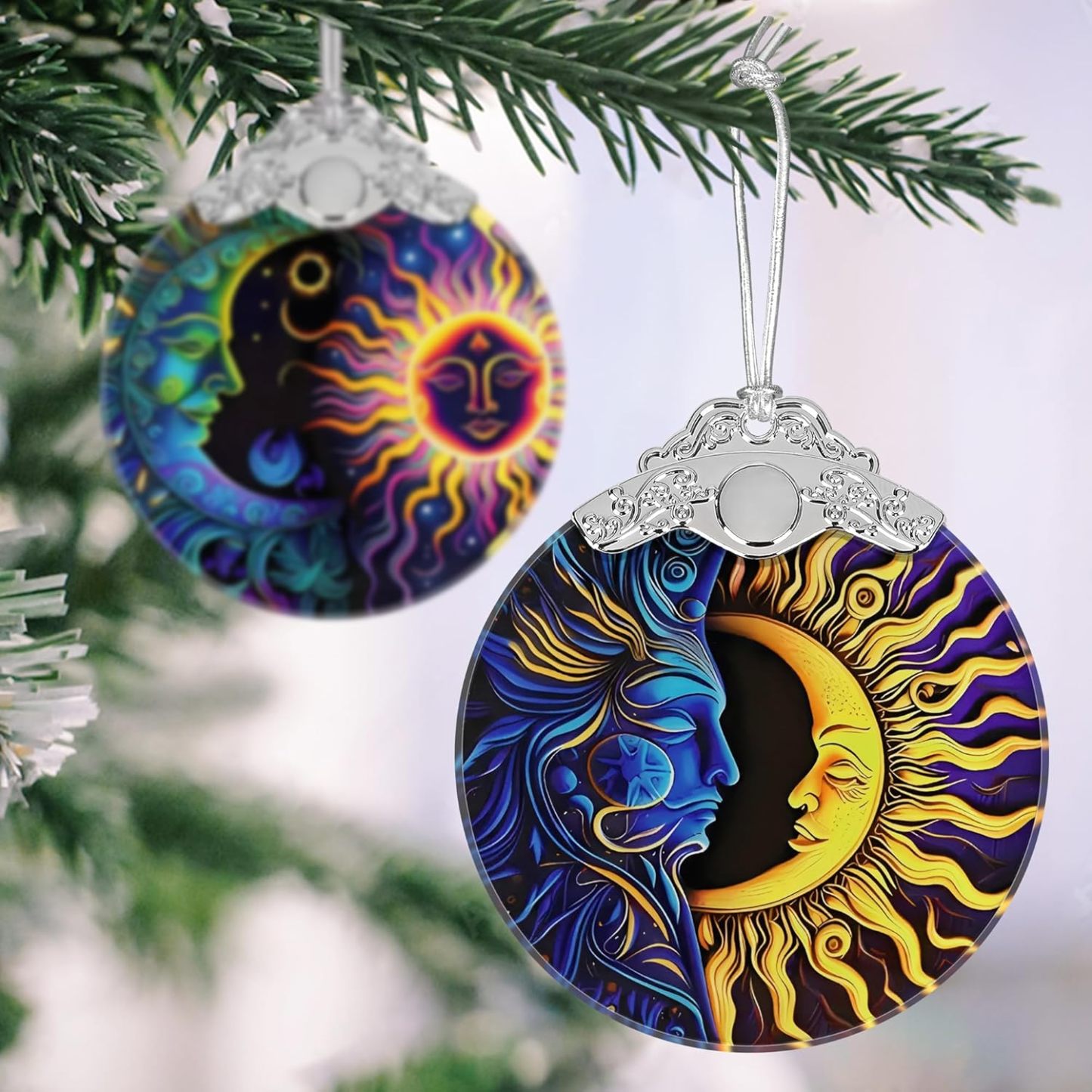 Sun Moon Stained Glass Hanging Ornament - Christmas Tree Decoration Idea
