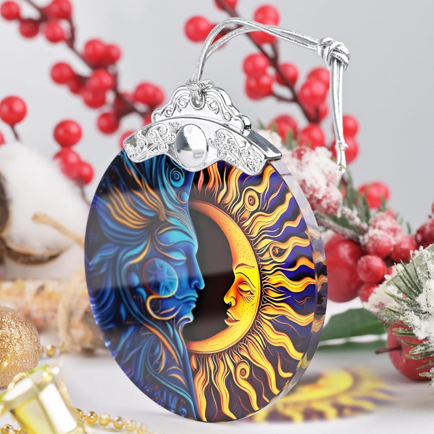 Sun Moon Stained Glass Hanging Ornament - Christmas Tree Decoration Idea