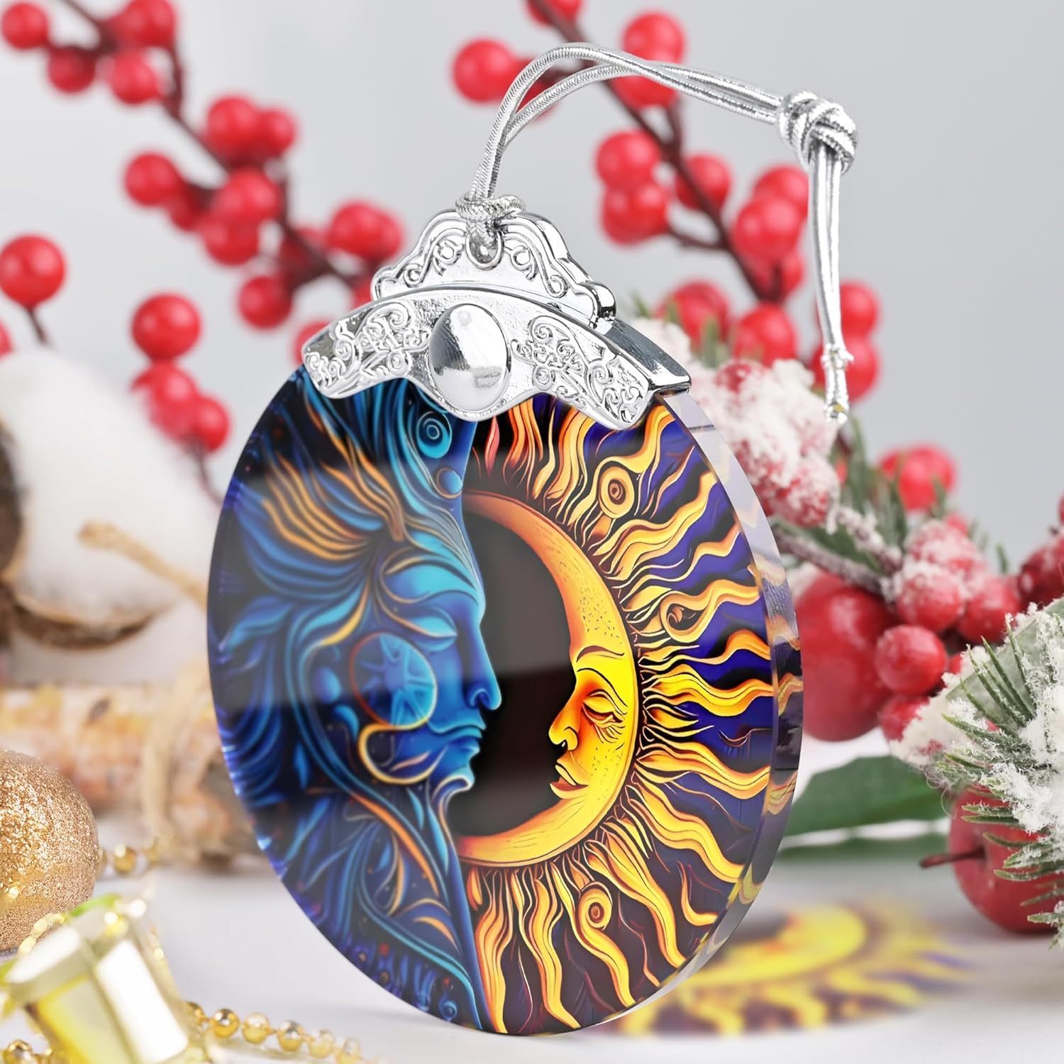 Sun Moon Stained Glass Hanging Ornament - Christmas Tree Decoration Idea