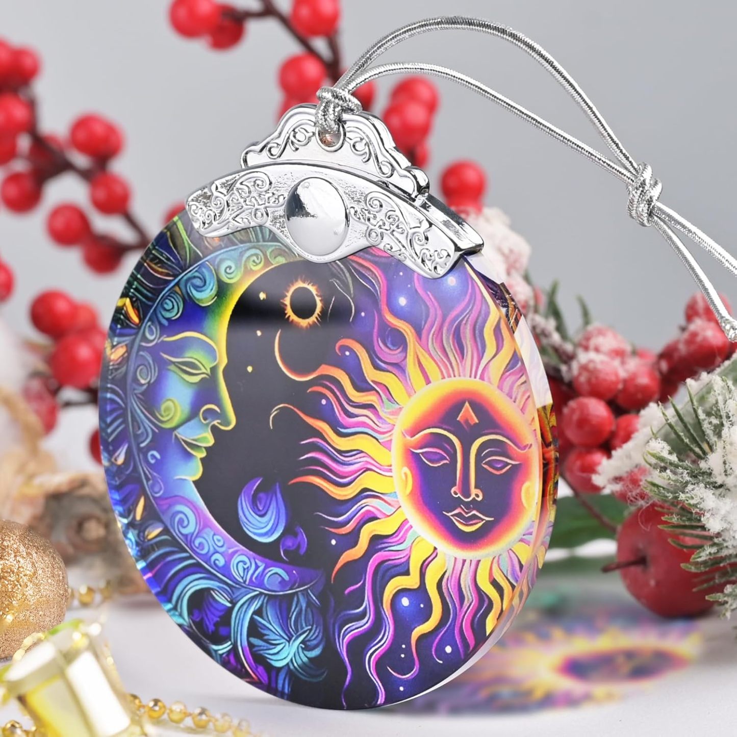 Sun Moon Stained Glass Hanging Ornament - Christmas Tree Decoration Idea