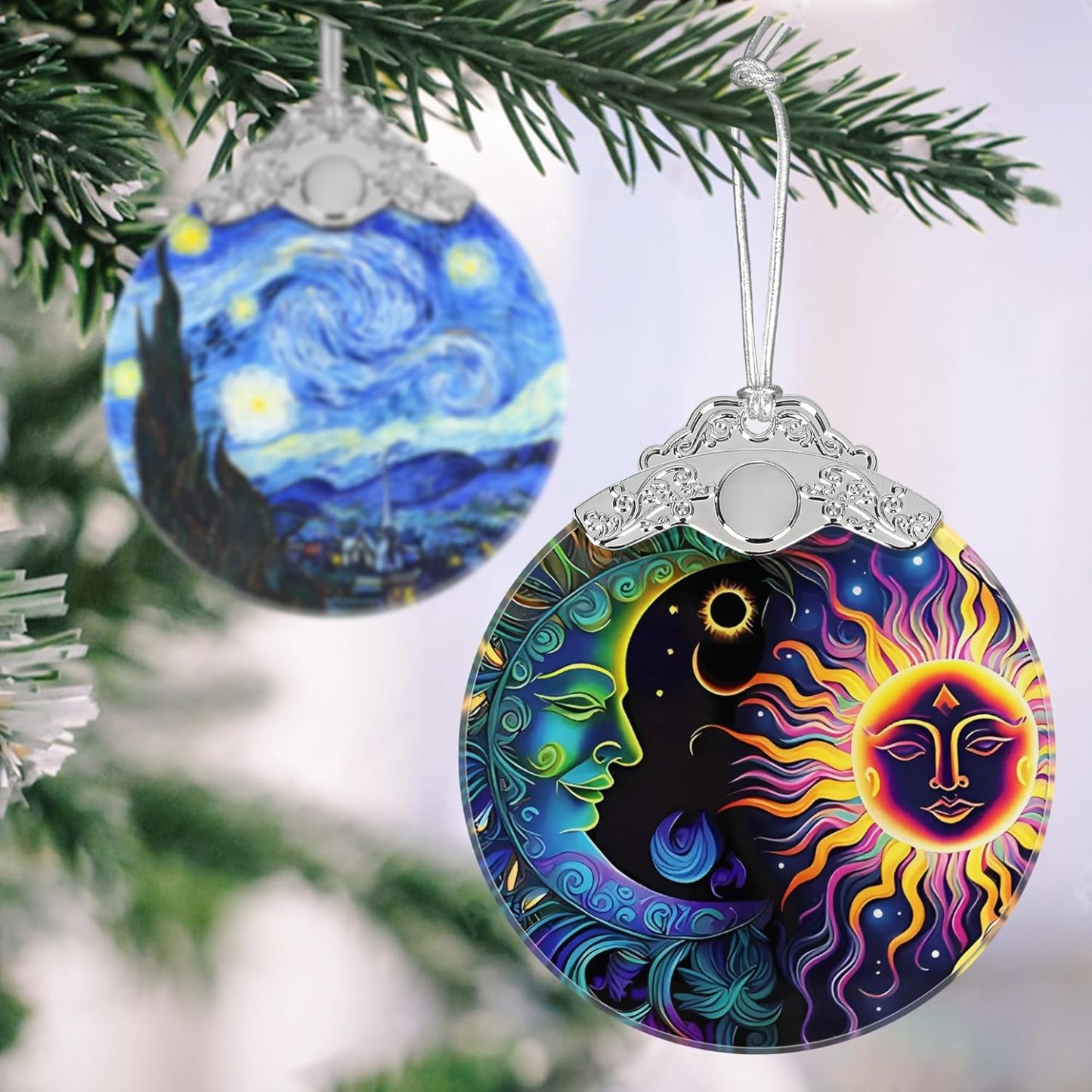Sun Moon Stained Glass Hanging Ornament - Christmas Tree Decoration Idea