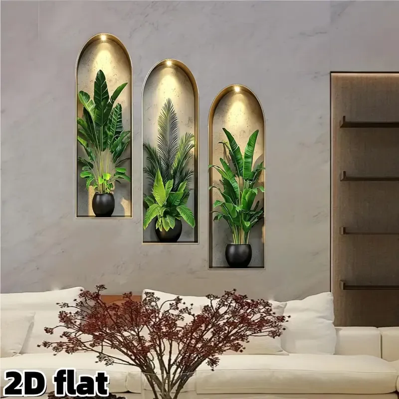3-Piece Nordic Greenery Arch Window Flower Pot Wall Decals (2D Flat)