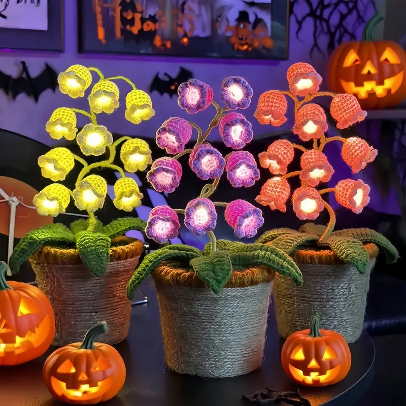 Handmade Crocheted Halloween Lily of the Valley LED Lantern | Multi-color lighting + DIY Spooky Card