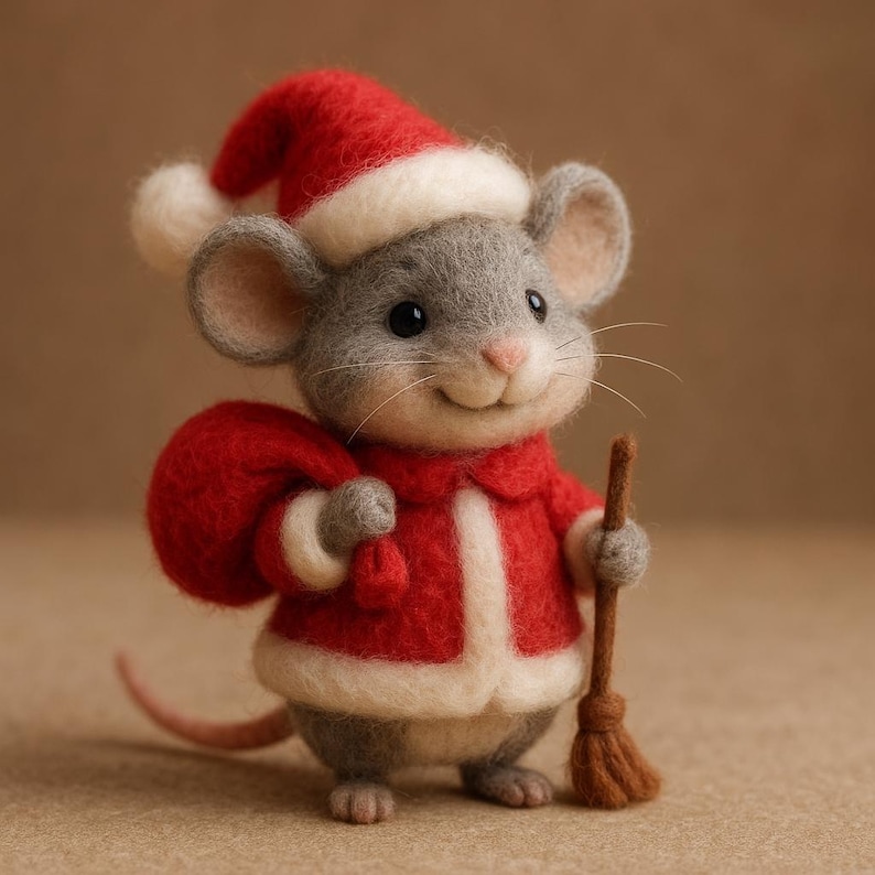 Eco-friendly felted Christmas mouse figurine - handmade wool decoration