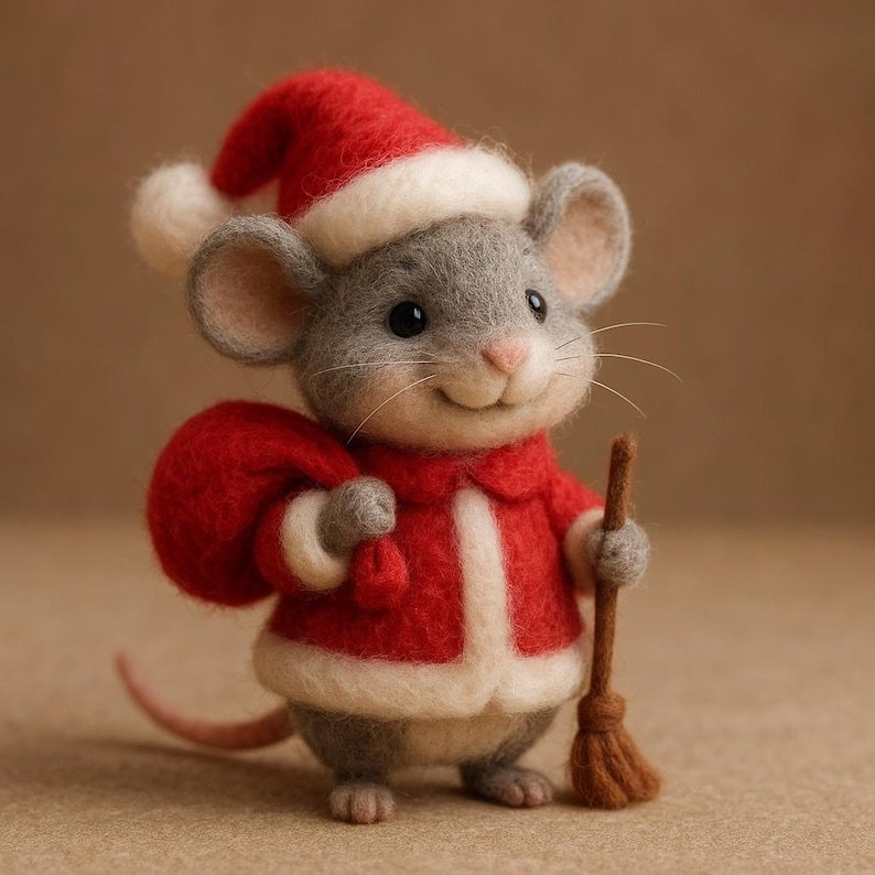 Eco-friendly felted Christmas mouse figurine - handmade wool decoration